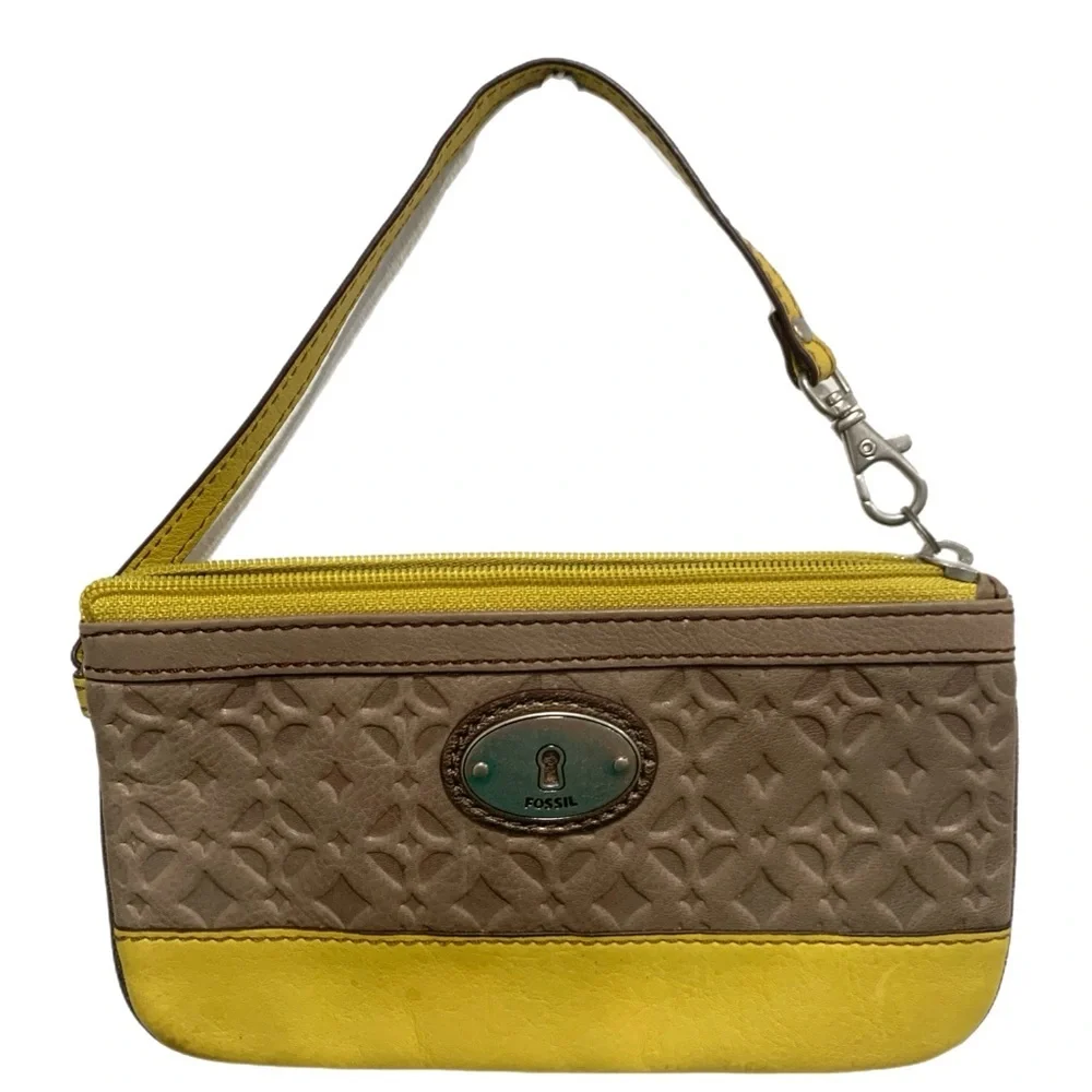 Fossil Taupe and Yellow Embossed Wristlet - Picture 1 of 6